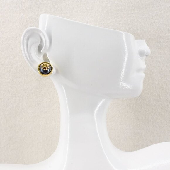 Tory Burch Melodie Pearl Logo Stud Dome Earrings Black/Tory Gold OS - Picture 3 of 13